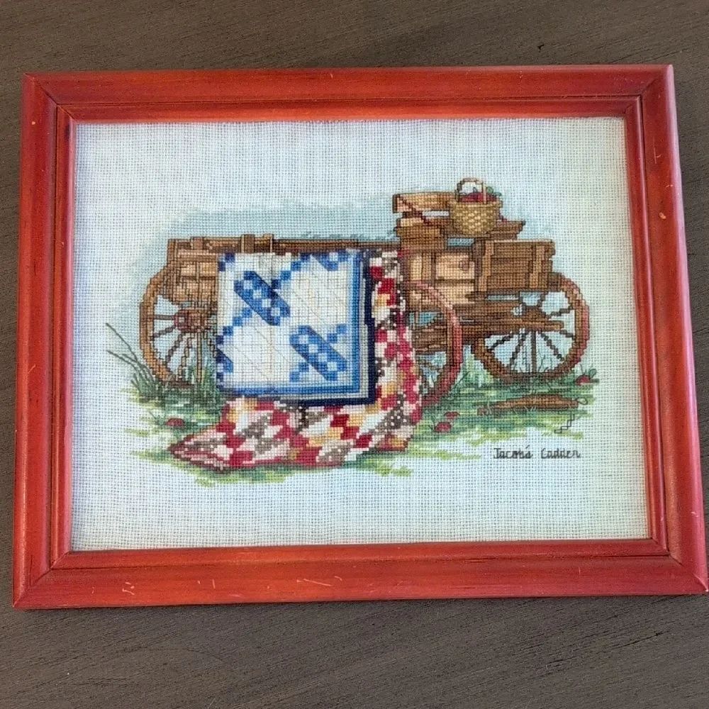Vintage Jacob's Ladder Country Scene Cross-Stitch Art with Red Wood Frame